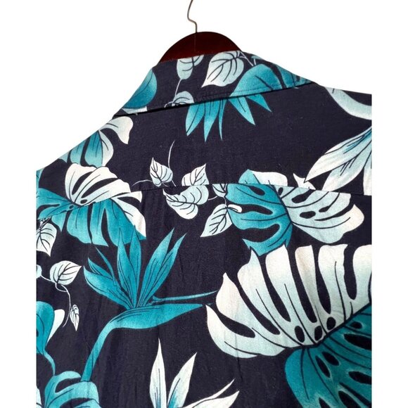 Vintage Hilo Hattie Hawaiian Black Teal Blue Floral Button-Up Shirt Mens Large - Picture 4 of 11